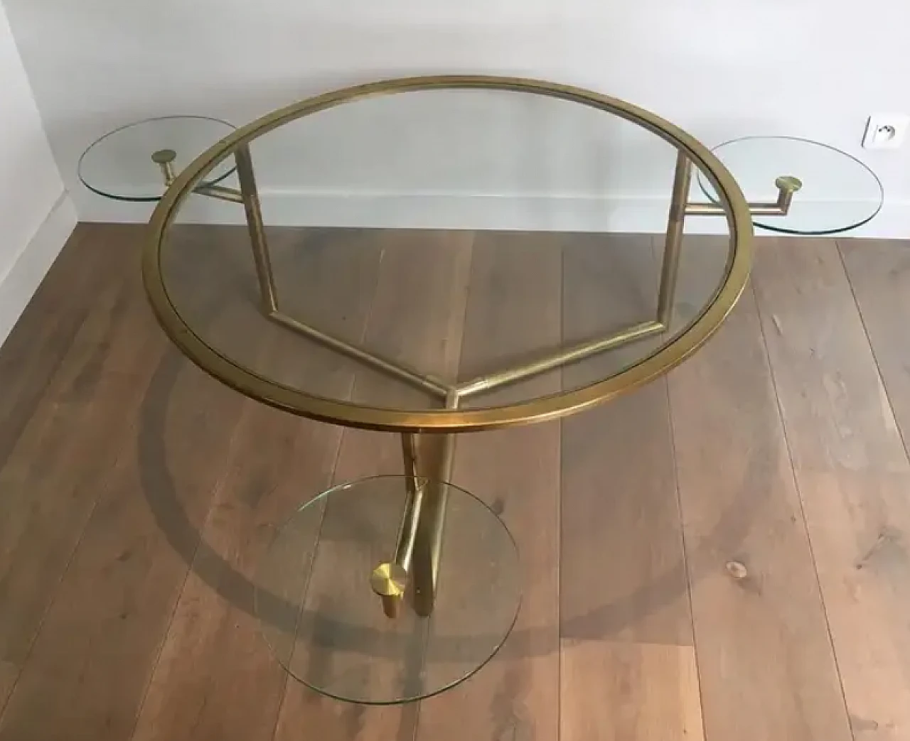 Gilded round coffee table with removable glass shelves, 1970s 11