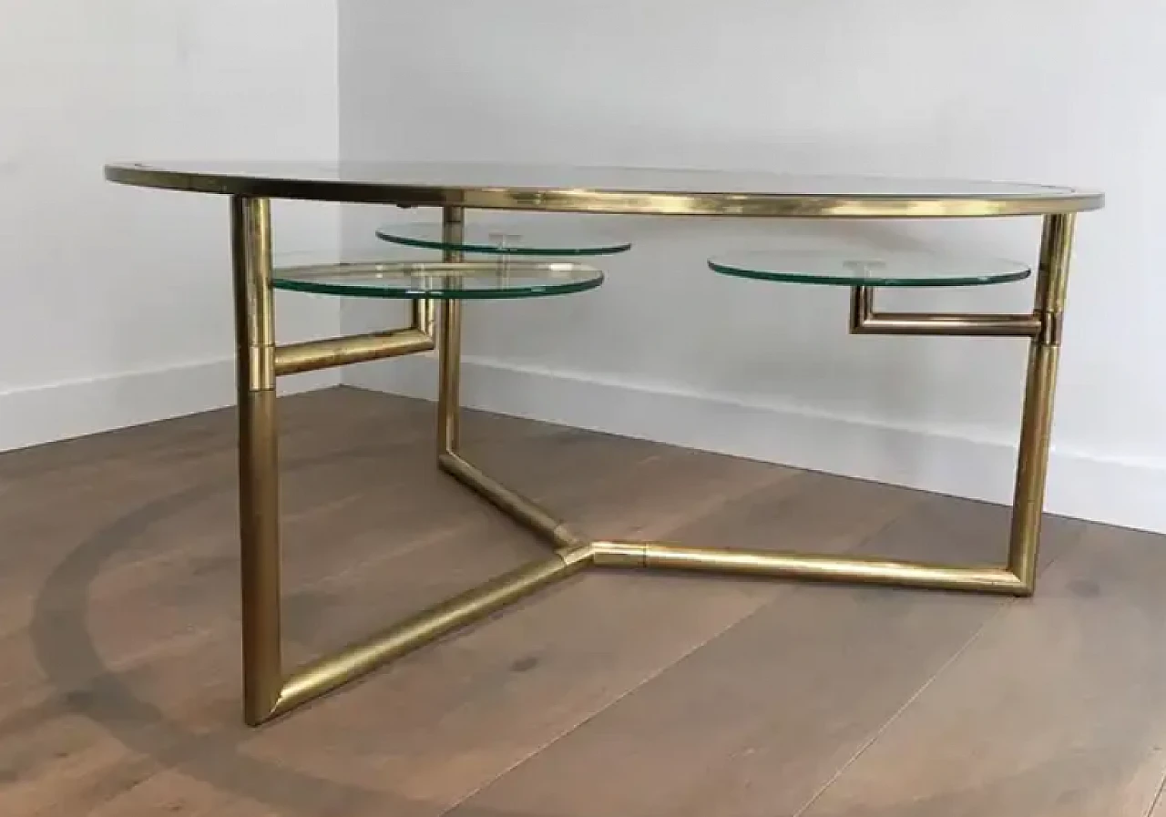 Gilded round coffee table with removable glass shelves, 1970s 12