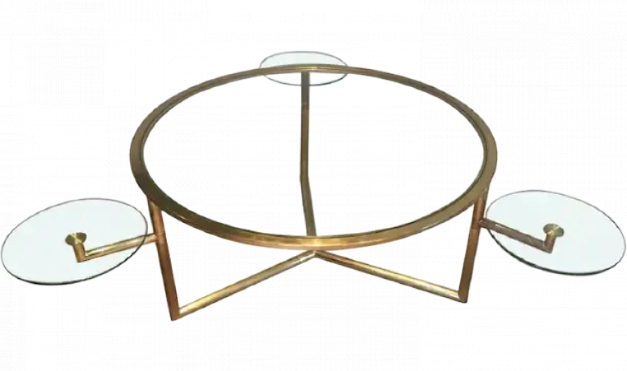 Gilded round coffee table with removable glass shelves, 1970s 13