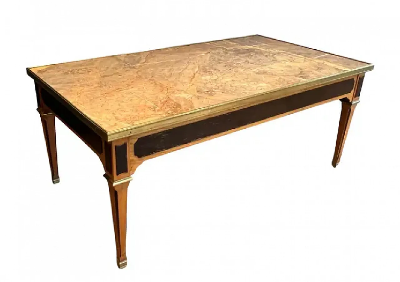 Patinated wood and brass coffee table with marble top, 1940s 1