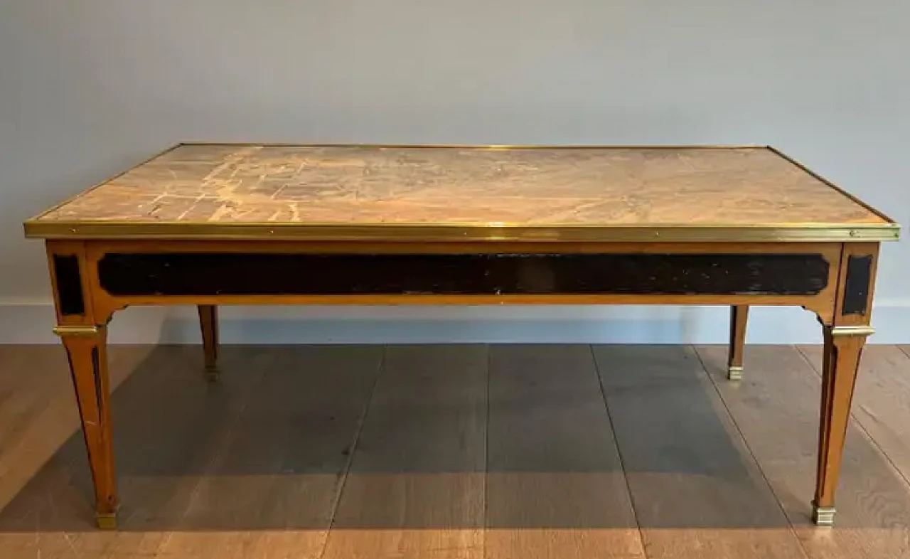 Patinated wood and brass coffee table with marble top, 1940s 2