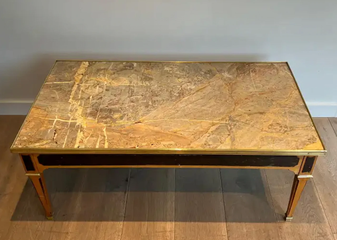 Patinated wood and brass coffee table with marble top, 1940s 3