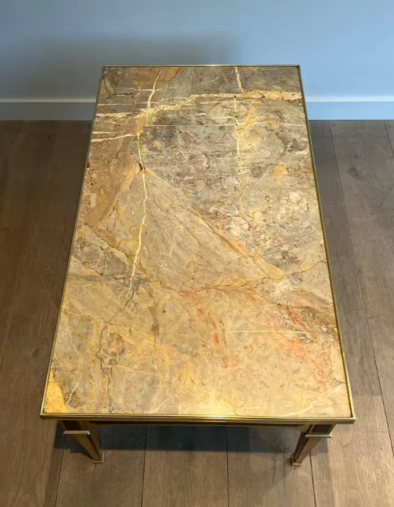 Patinated wood and brass coffee table with marble top, 1940s 4