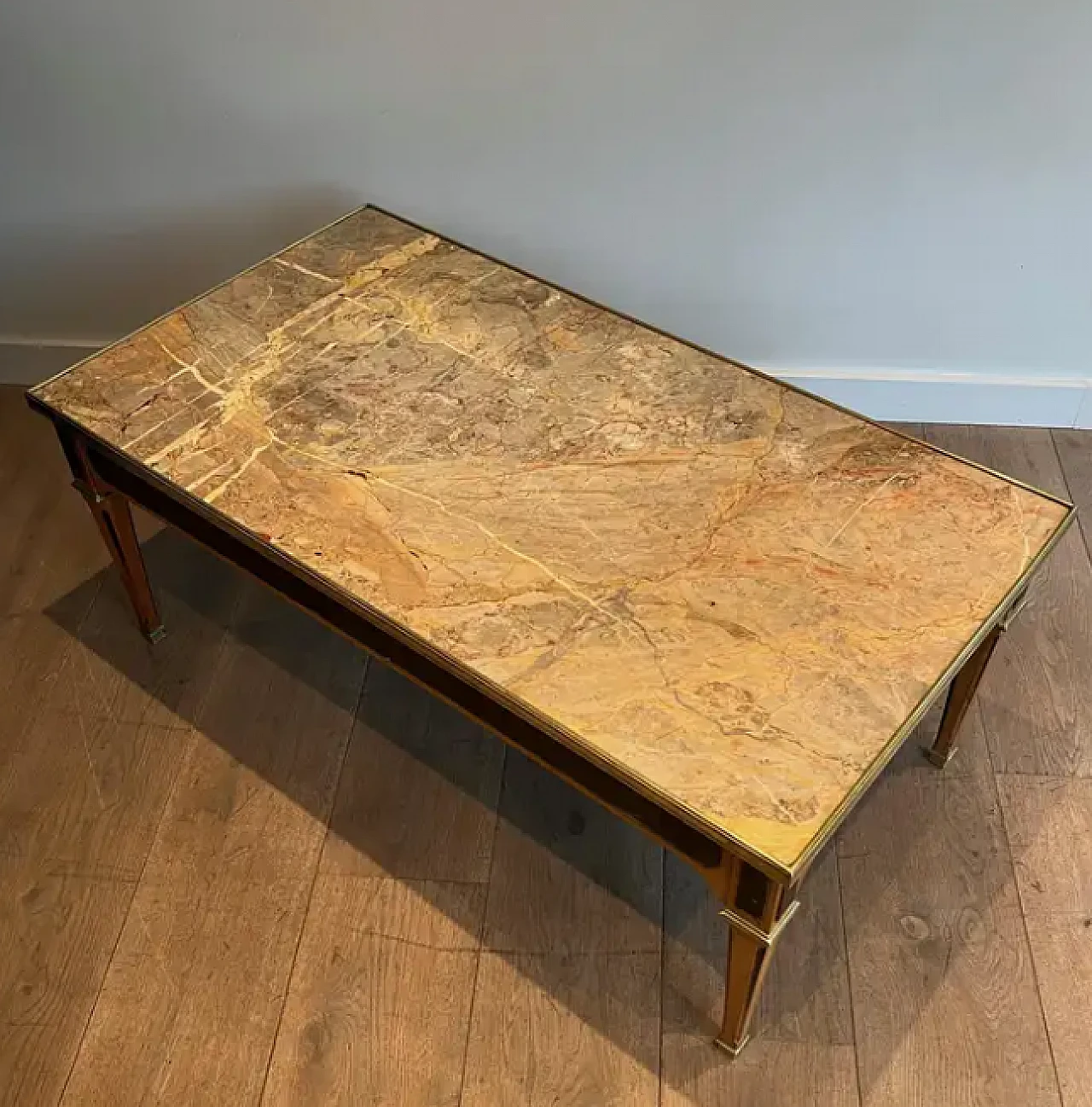 Patinated wood and brass coffee table with marble top, 1940s 5