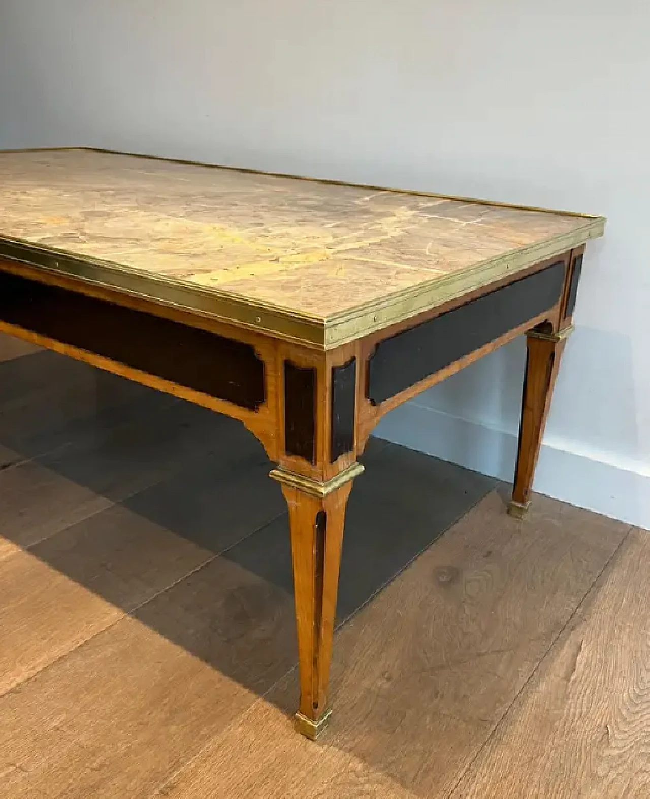 Patinated wood and brass coffee table with marble top, 1940s 6