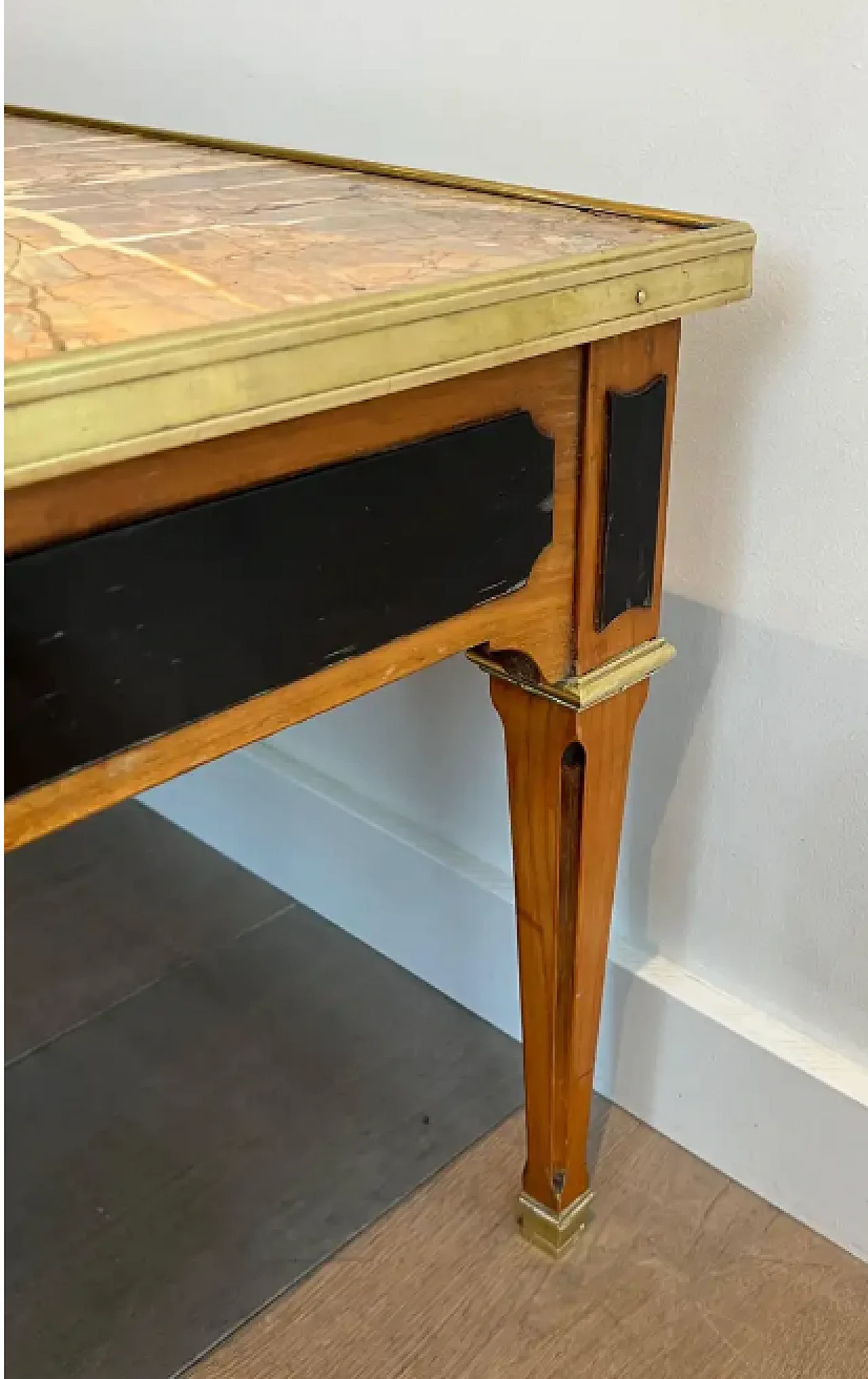 Patinated wood and brass coffee table with marble top, 1940s 8