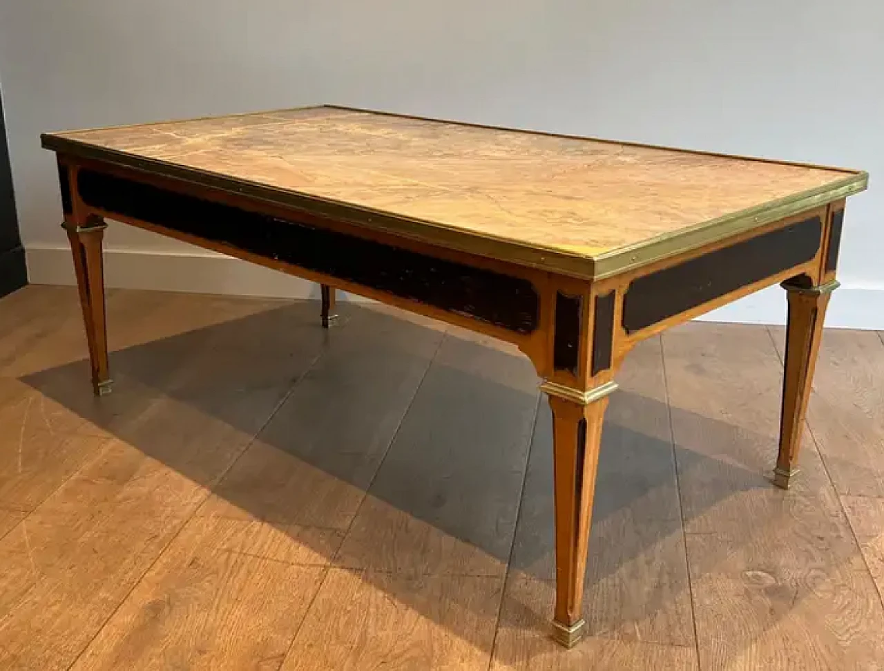 Patinated wood and brass coffee table with marble top, 1940s 9