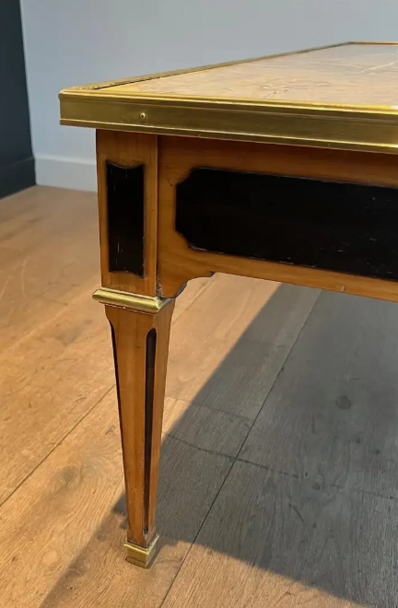 Patinated wood and brass coffee table with marble top, 1940s 10