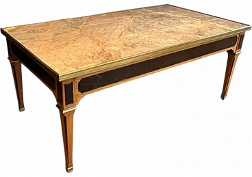 Patinated wood and brass coffee table with marble top, 1940s