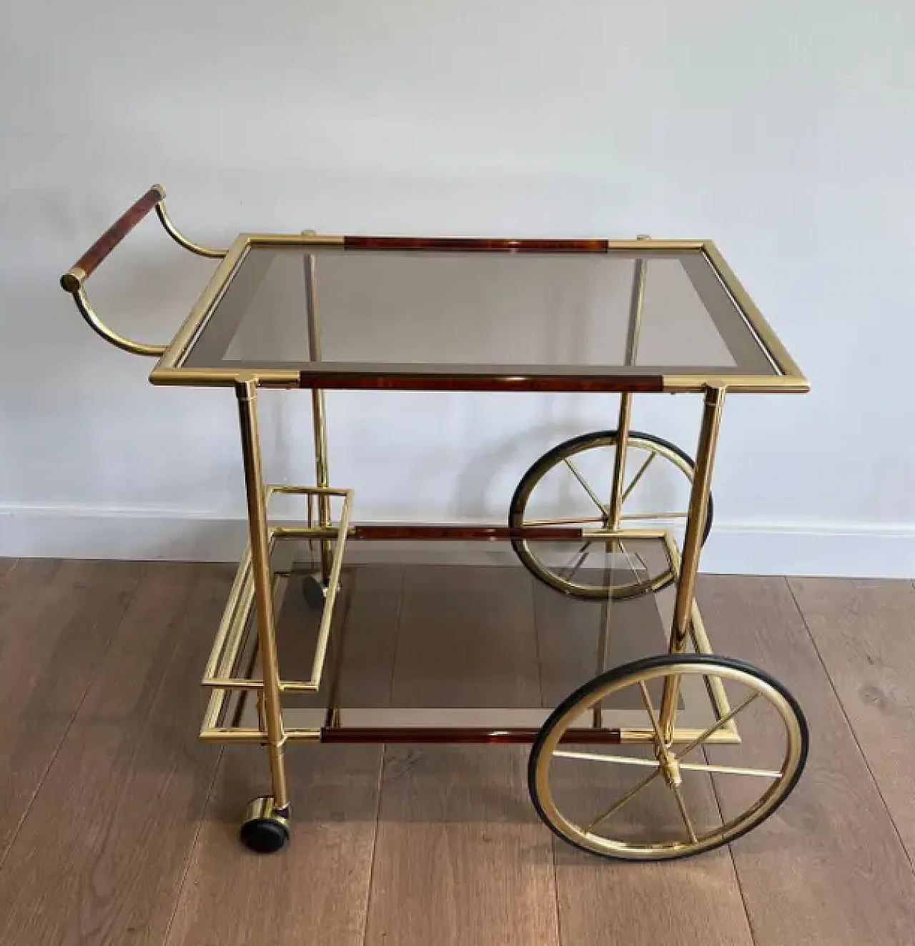 Brass and orange-red celluloid drinks trolley, 1970s 2