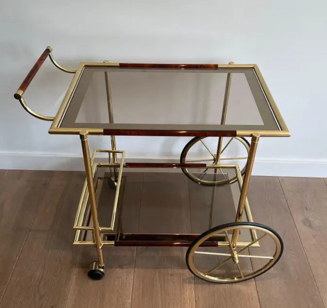 Carrello portabevande in ottone e celluloide arancio-rosso, anni '70 3