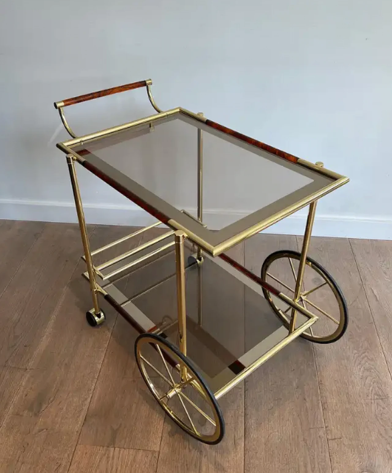 Carrello portabevande in ottone e celluloide arancio-rosso, anni '70 4