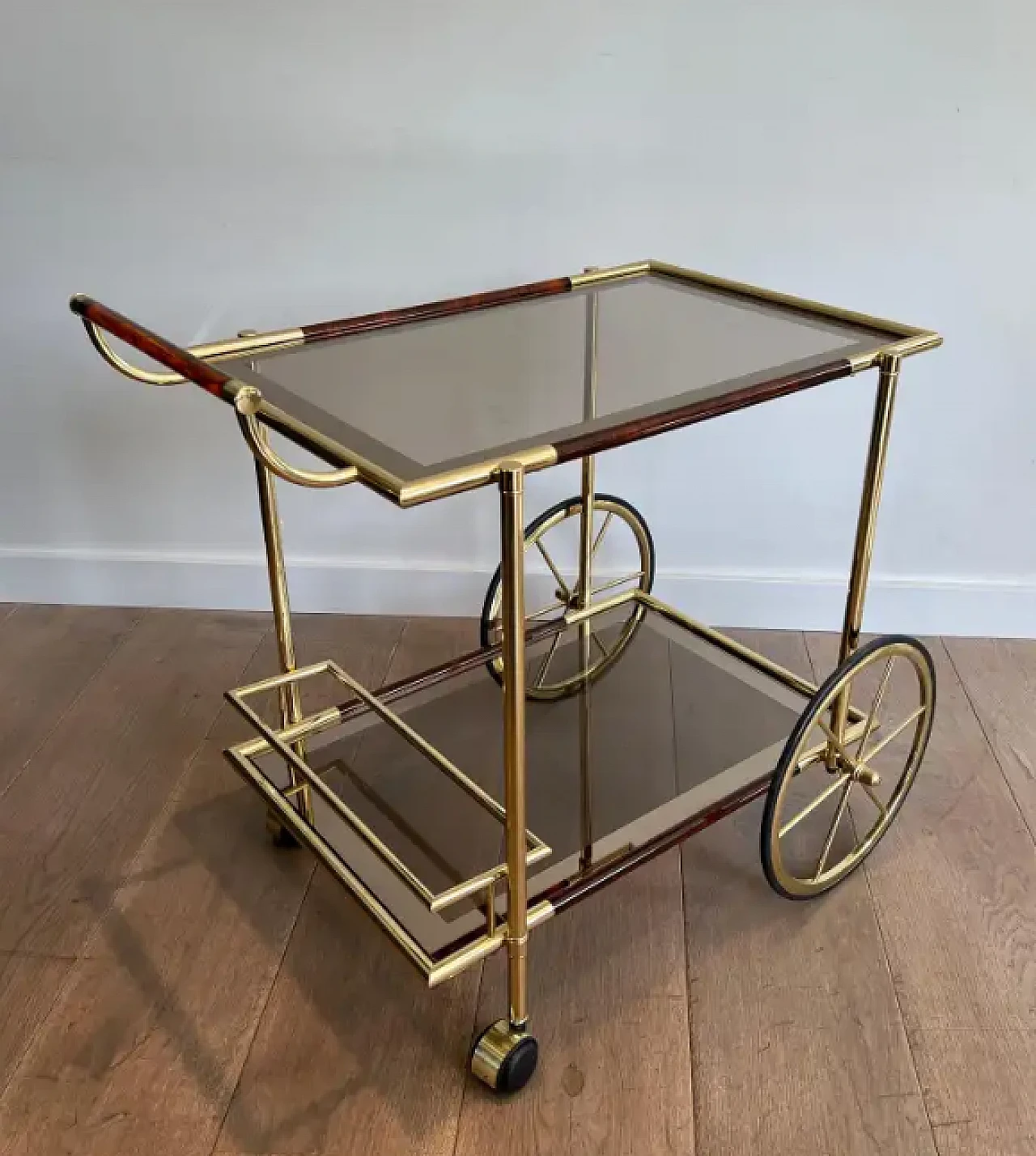 Carrello portabevande in ottone e celluloide arancio-rosso, anni '70 5