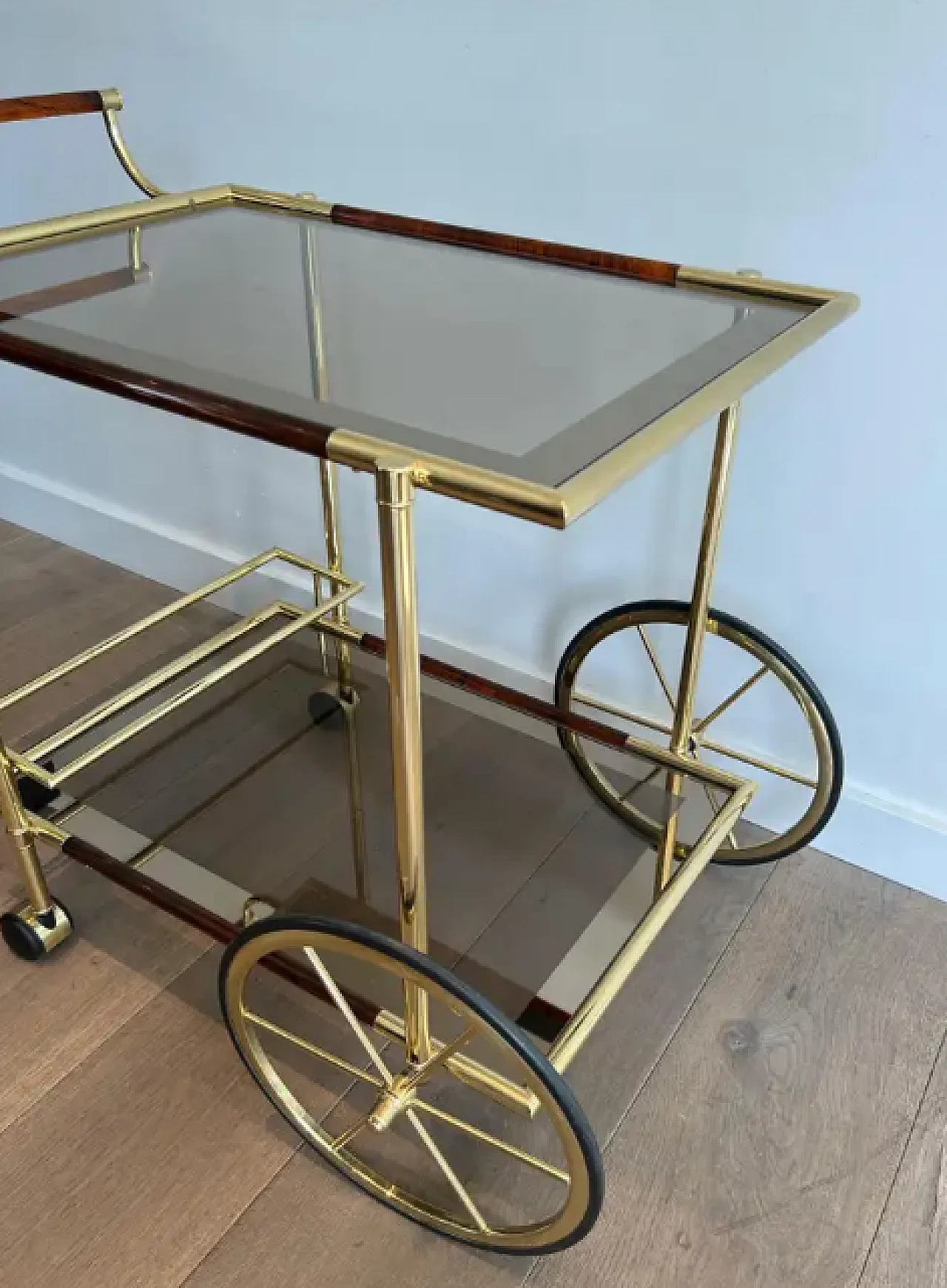 Brass and orange-red celluloid drinks trolley, 1970s 9