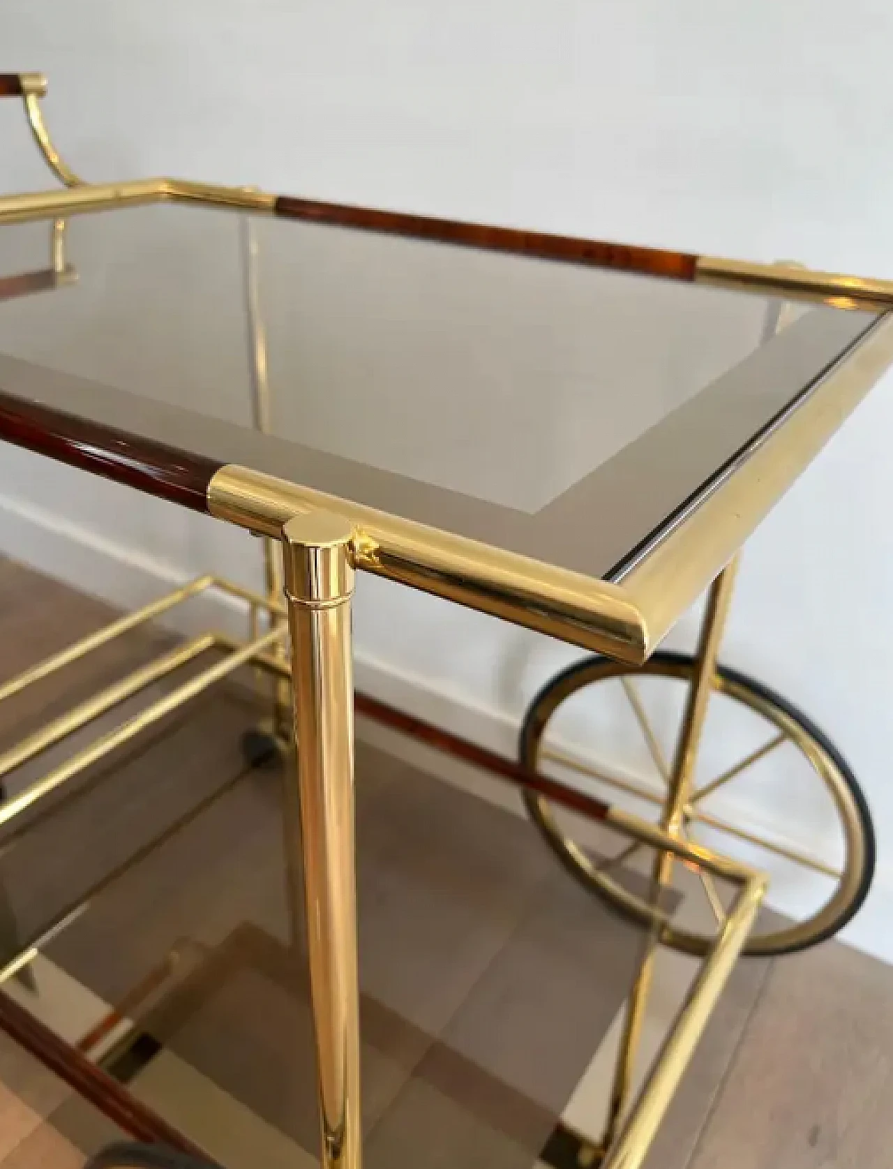 Brass and orange-red celluloid drinks trolley, 1970s 10