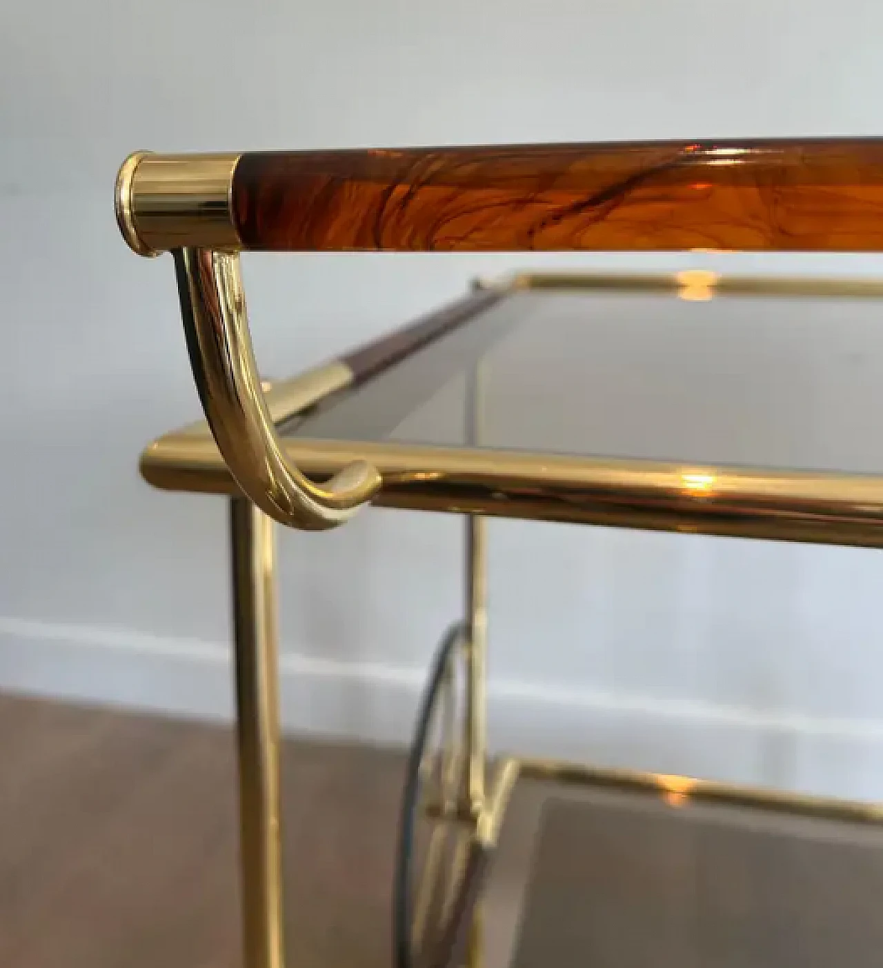 Brass and orange-red celluloid drinks trolley, 1970s 13