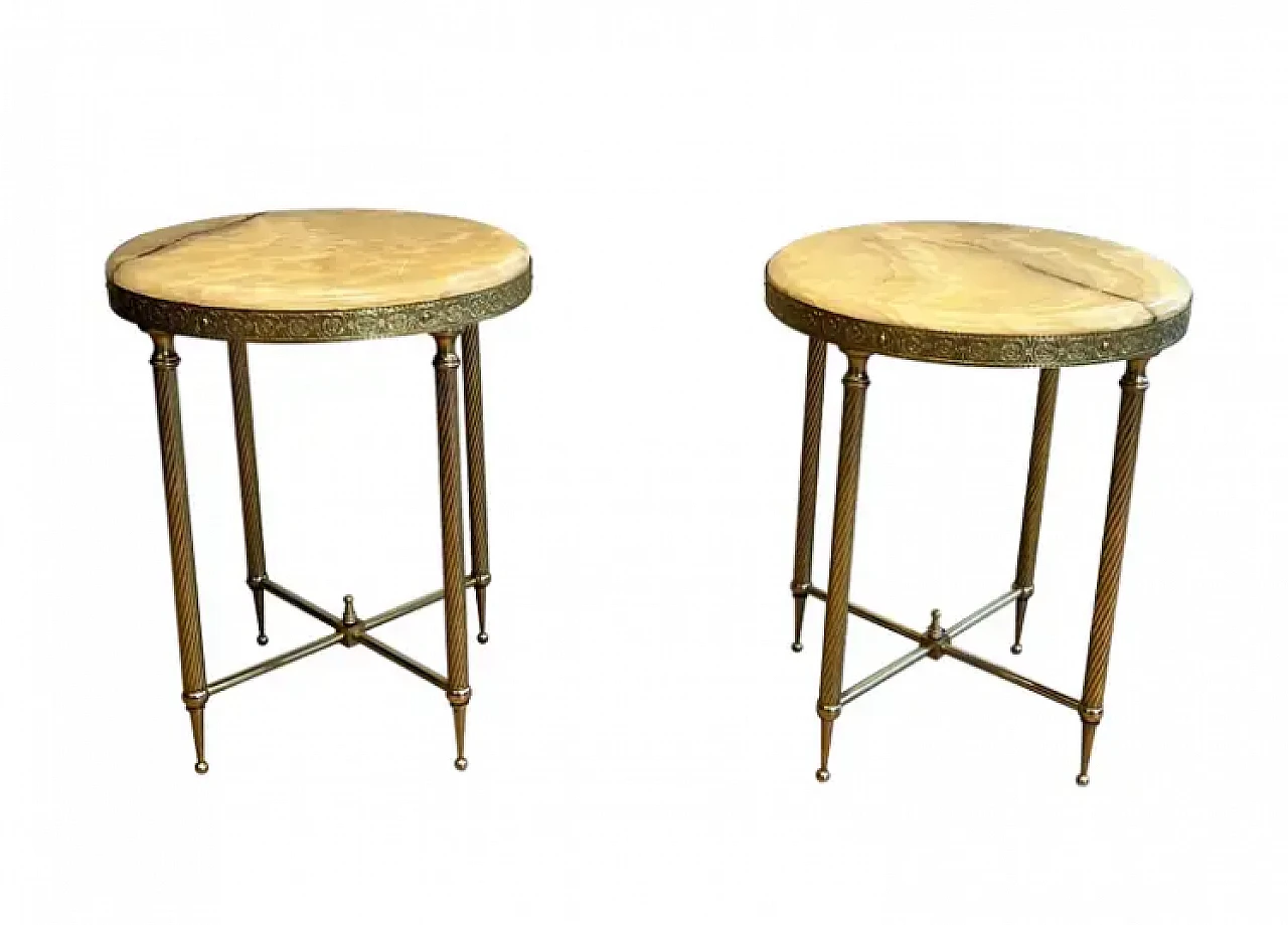 Pair of round brass coffee tables with onyx tops, 1940s 2