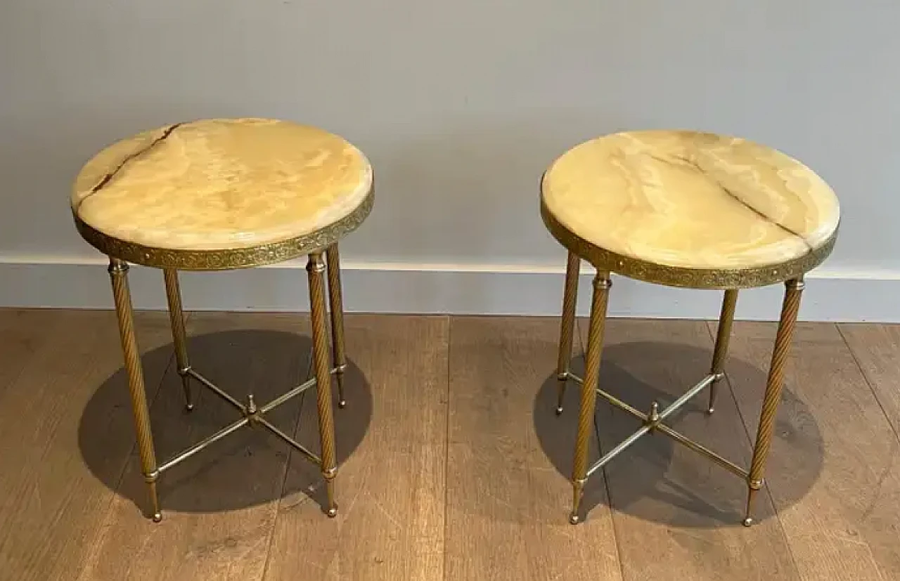 Pair of round brass coffee tables with onyx tops, 1940s 3