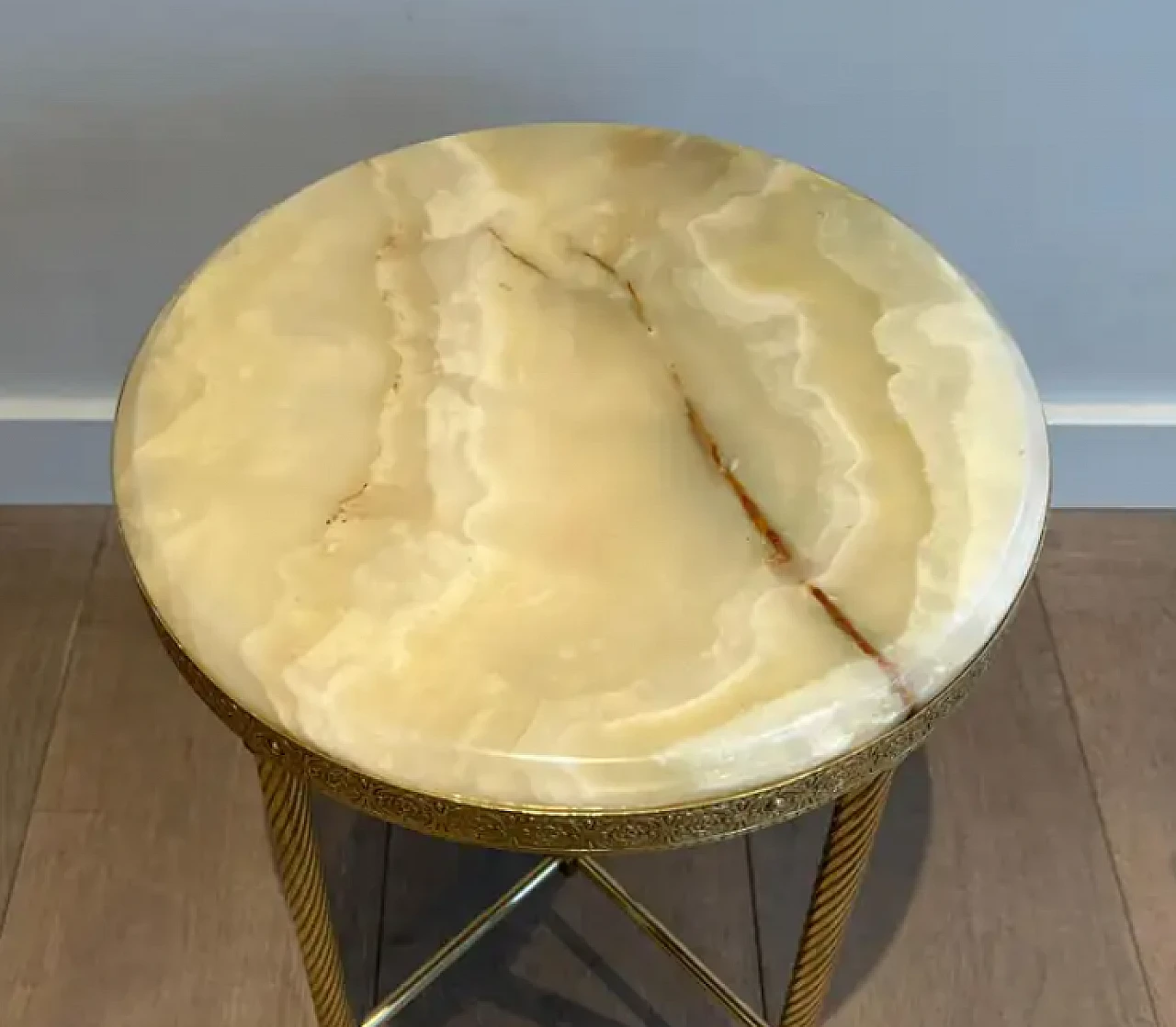 Pair of round brass coffee tables with onyx tops, 1940s 7