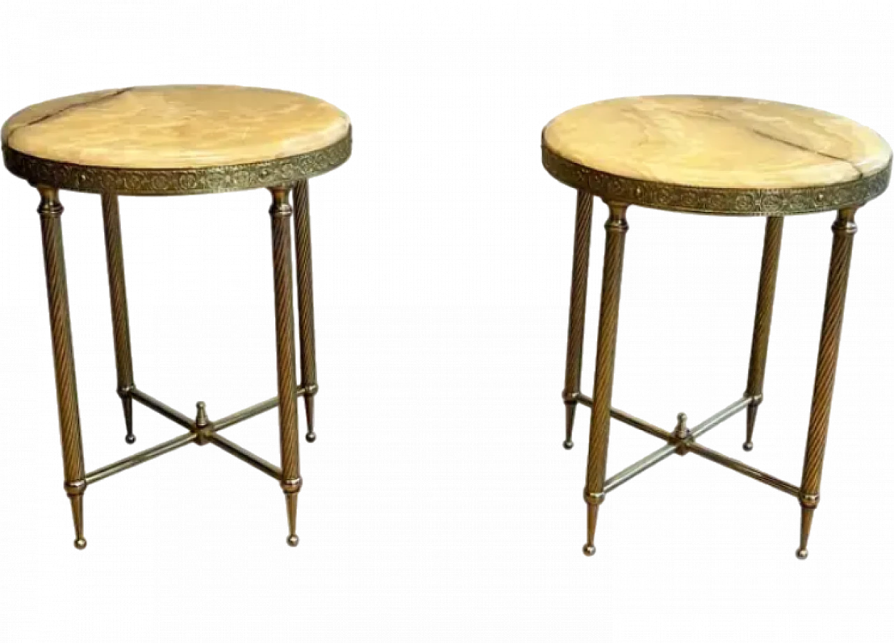 Pair of round brass coffee tables with onyx tops, 1940s 11