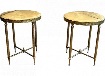 Pair of round brass coffee tables with onyx tops, 1940s