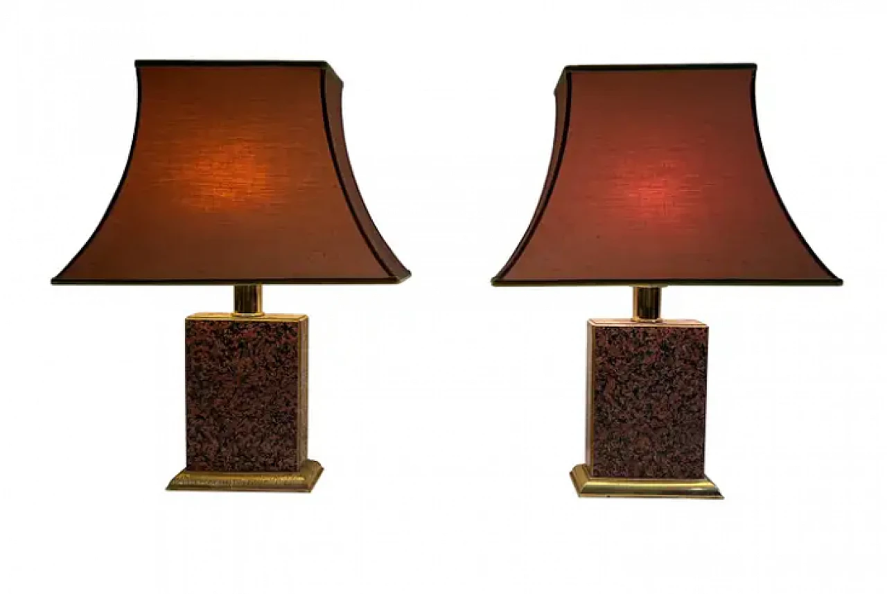 Pair of wood and metal lamps with pagoda lampshade, 1970s 1