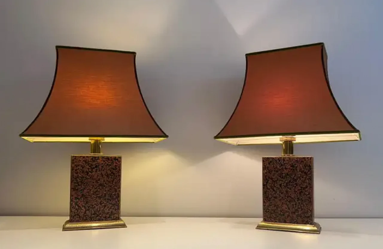 Pair of wood and metal lamps with pagoda lampshade, 1970s 2