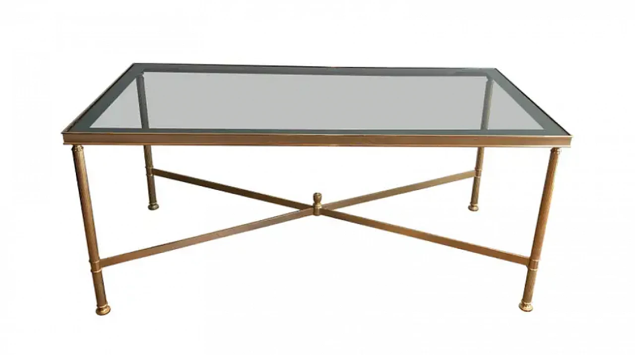 Gilded metal coffee table with bluish glass top, 1940s 1