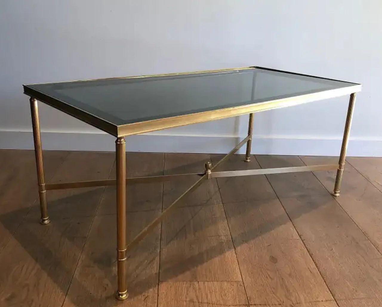 Gilded metal coffee table with bluish glass top, 1940s 3