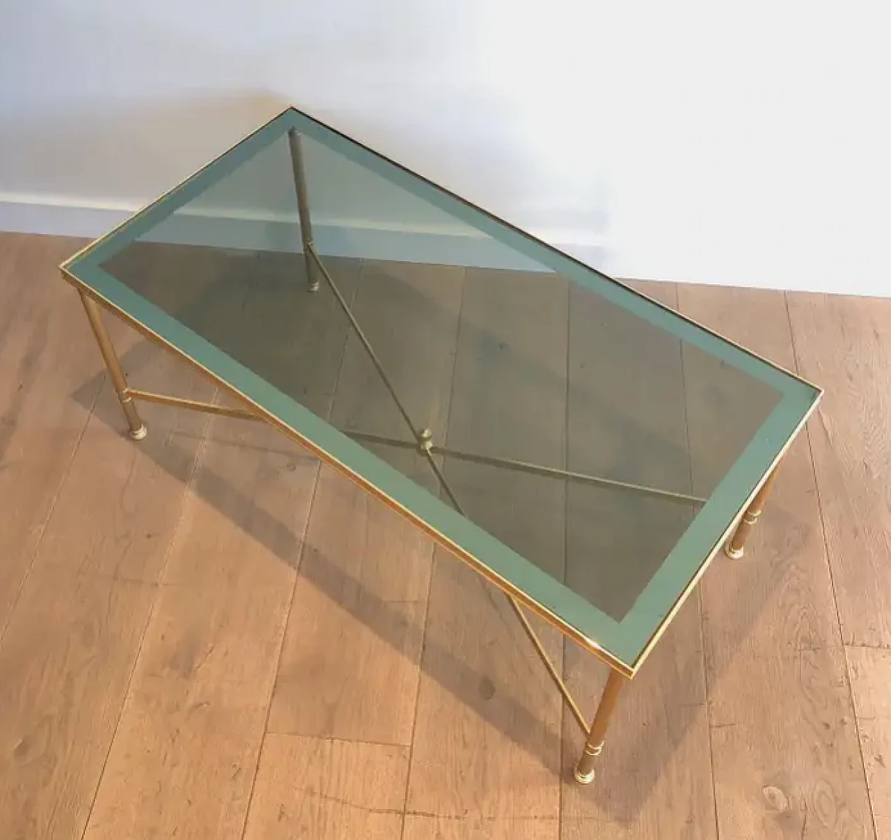 Gilded metal coffee table with bluish glass top, 1940s 4