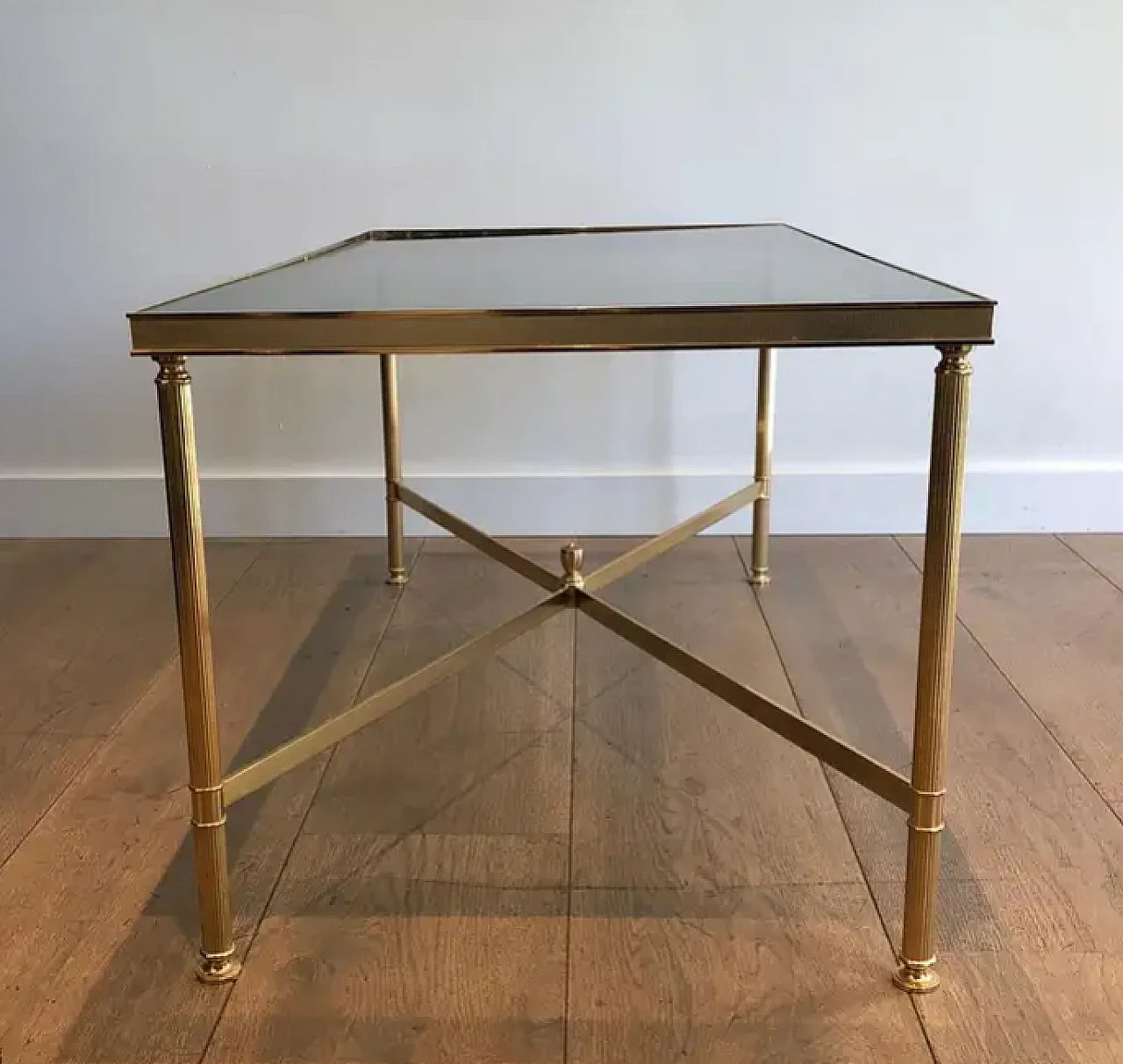 Gilded metal coffee table with bluish glass top, 1940s 5