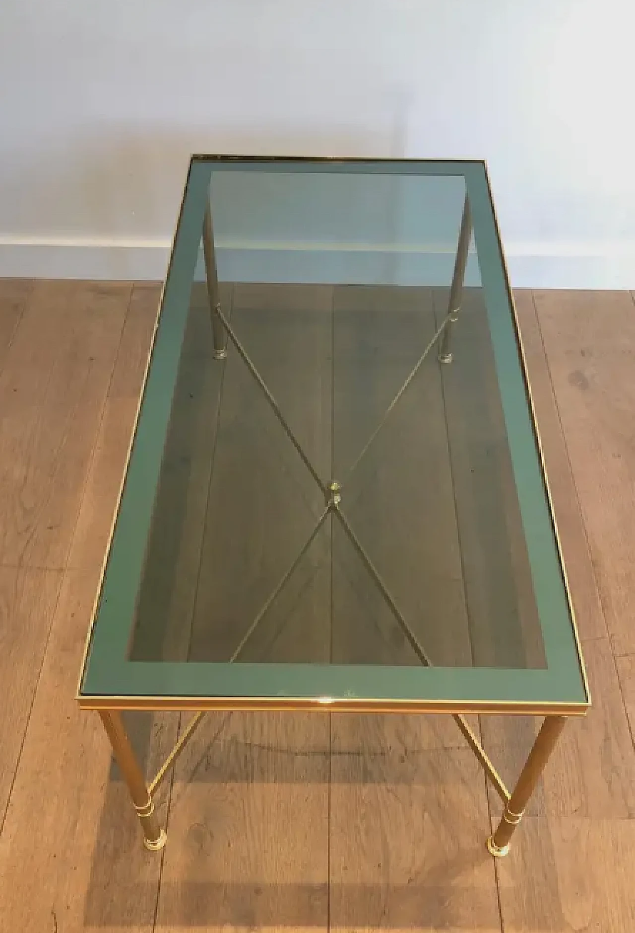 Gilded metal coffee table with bluish glass top, 1940s 6