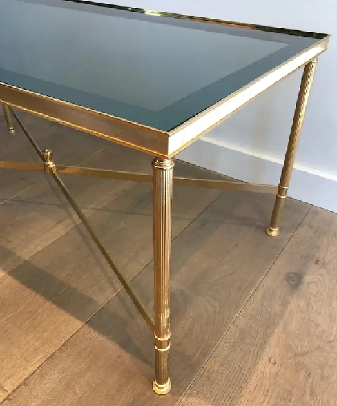 Gilded metal coffee table with bluish glass top, 1940s 7