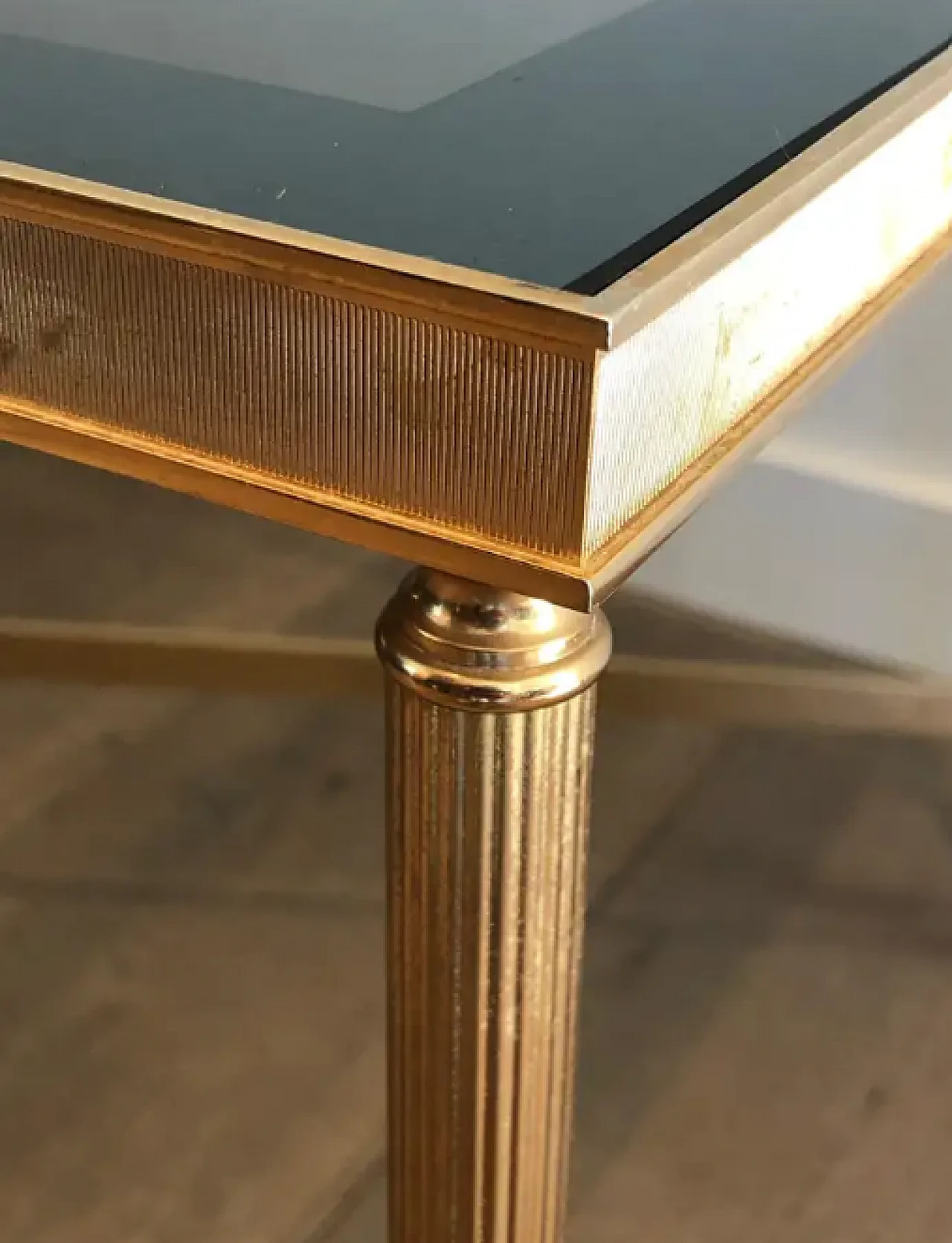 Gilded metal coffee table with bluish glass top, 1940s 10