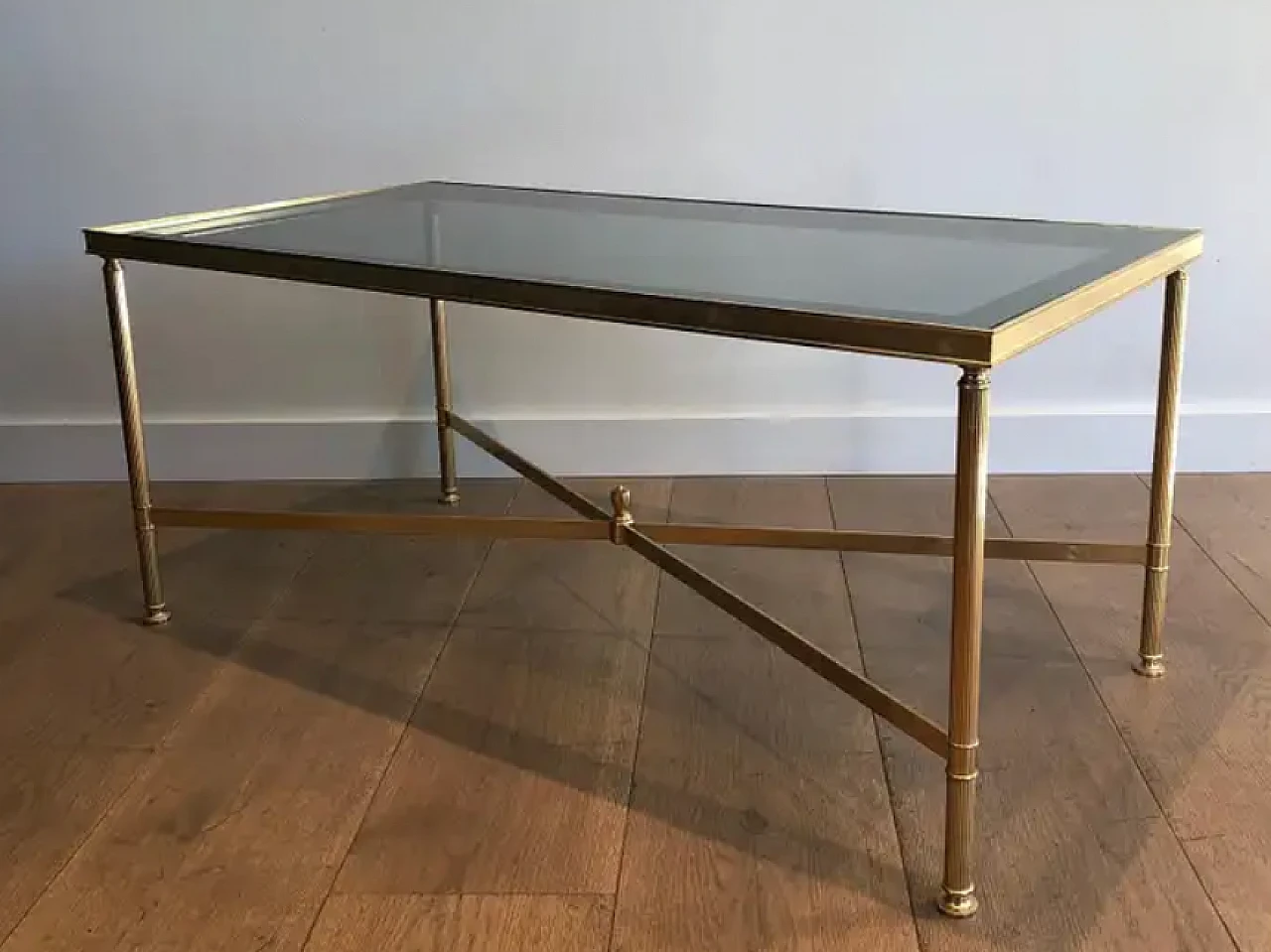 Gilded metal coffee table with bluish glass top, 1940s 12