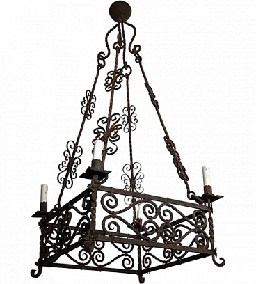 Wrought iron chandelier with 8 arms in the gothic style, 1950s