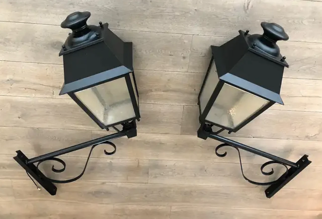 Pair of iron outdoor lanterns on shelves, 1950s 3