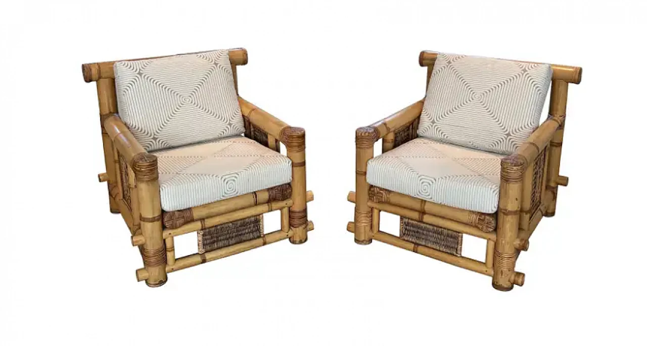 Pair of large bamboo armchairs with Pierre Frey cushions, 1970s 1