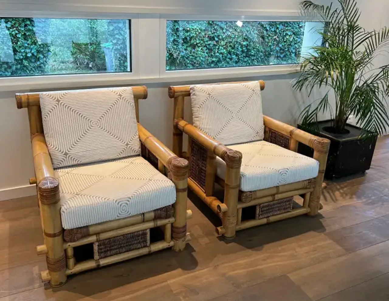 Pair of large bamboo armchairs with Pierre Frey cushions, 1970s 2