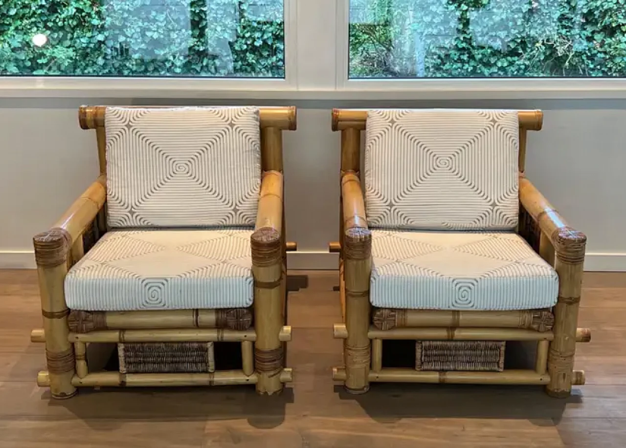 Pair of large bamboo armchairs with Pierre Frey cushions, 1970s 3