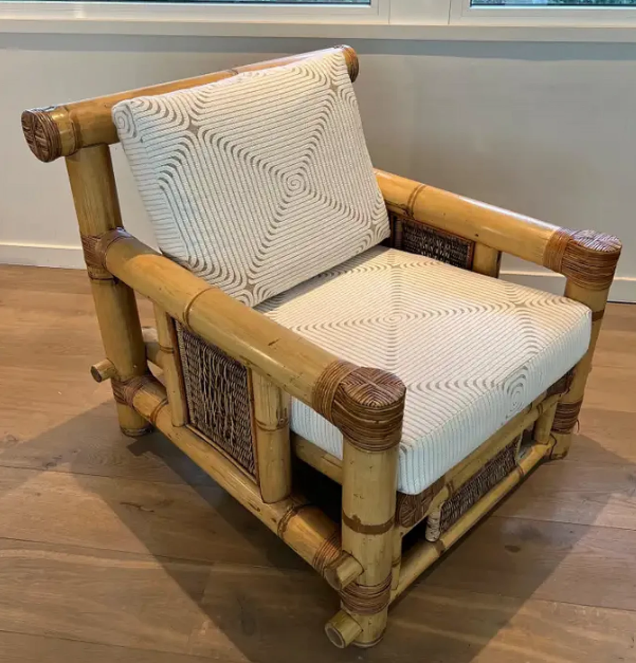 Pair of large bamboo armchairs with Pierre Frey cushions, 1970s 6