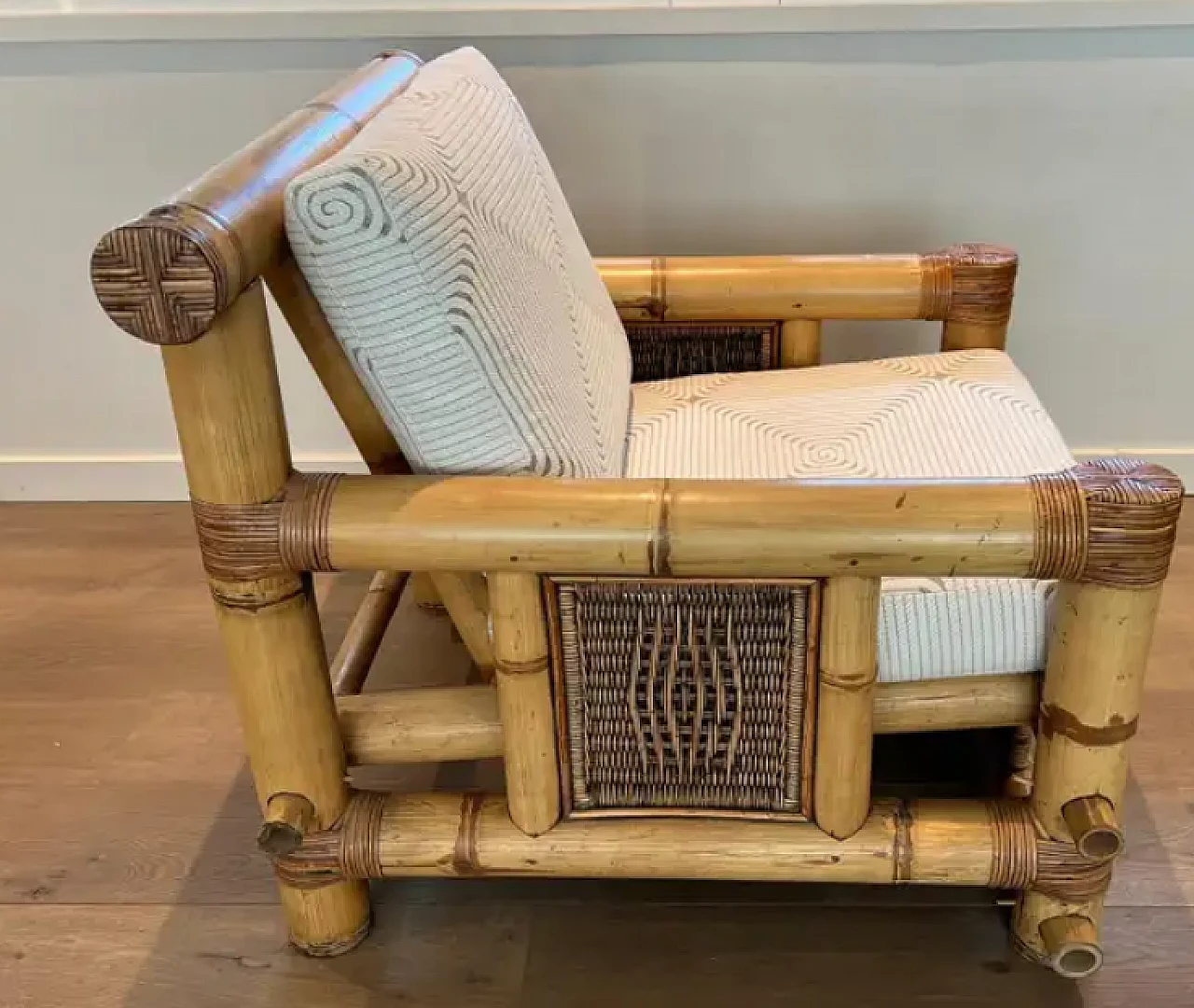 Pair of large bamboo armchairs with Pierre Frey cushions, 1970s 7