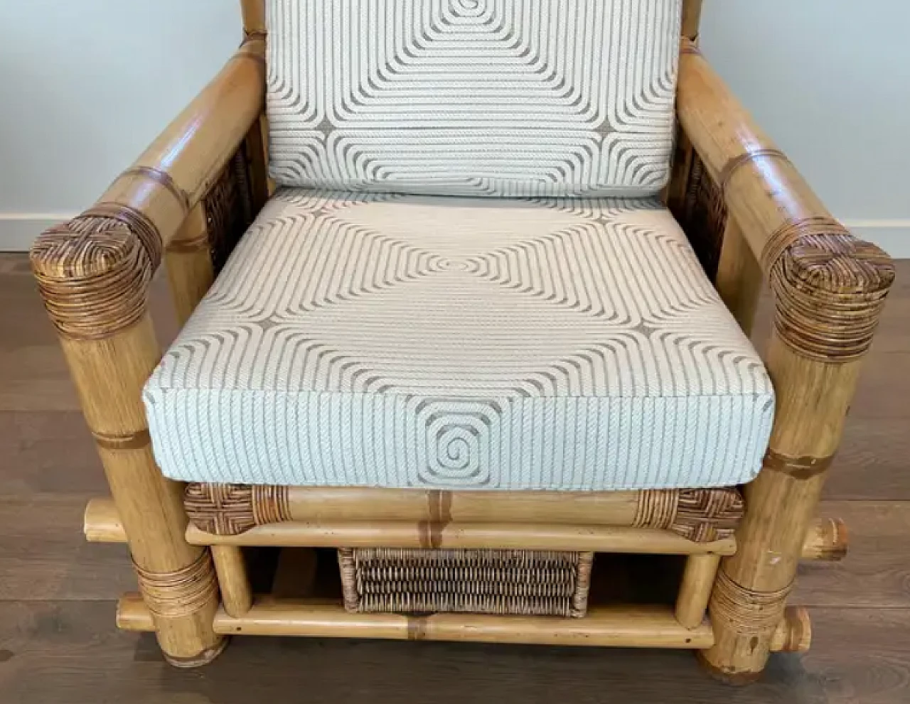 Pair of large bamboo armchairs with Pierre Frey cushions, 1970s 10