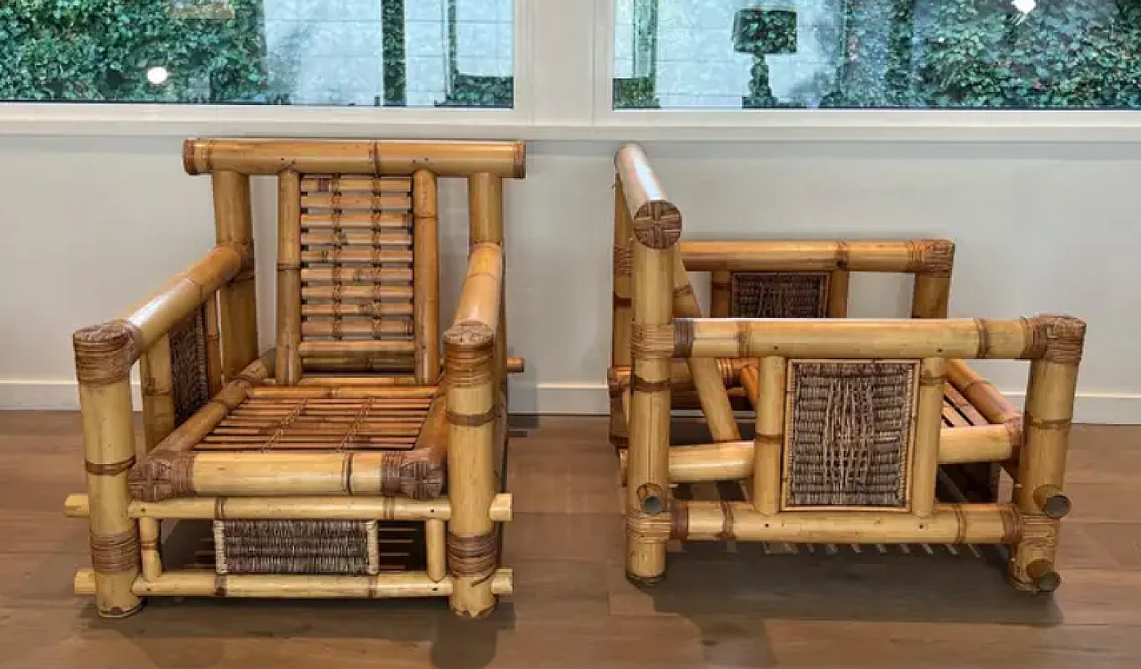 Pair of large bamboo armchairs with Pierre Frey cushions, 1970s 11