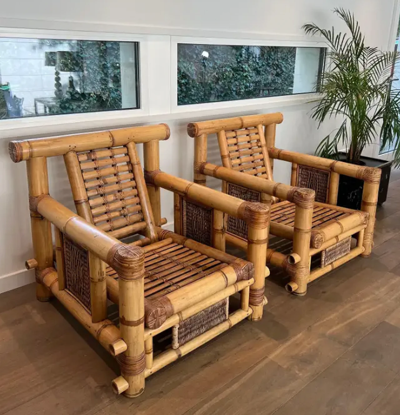 Pair of large bamboo armchairs with Pierre Frey cushions, 1970s 12