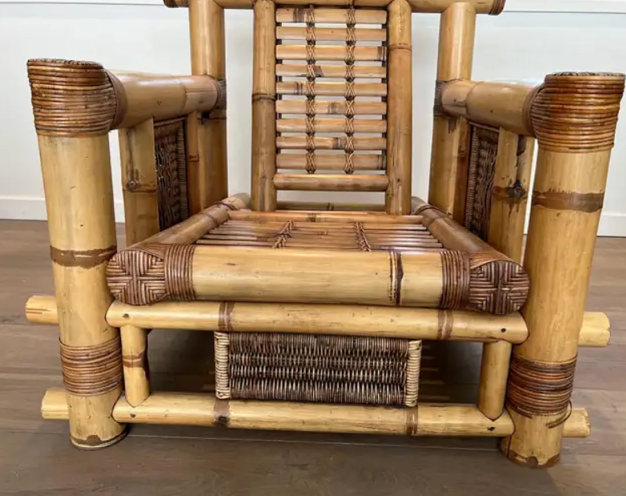 Pair of large bamboo armchairs with Pierre Frey cushions, 1970s 13