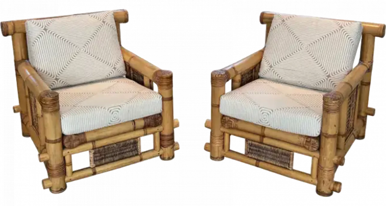 Pair of large bamboo armchairs with Pierre Frey cushions, 1970s 15