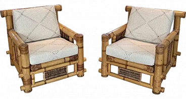 Pair of large bamboo armchairs with Pierre Frey cushions, 1970s