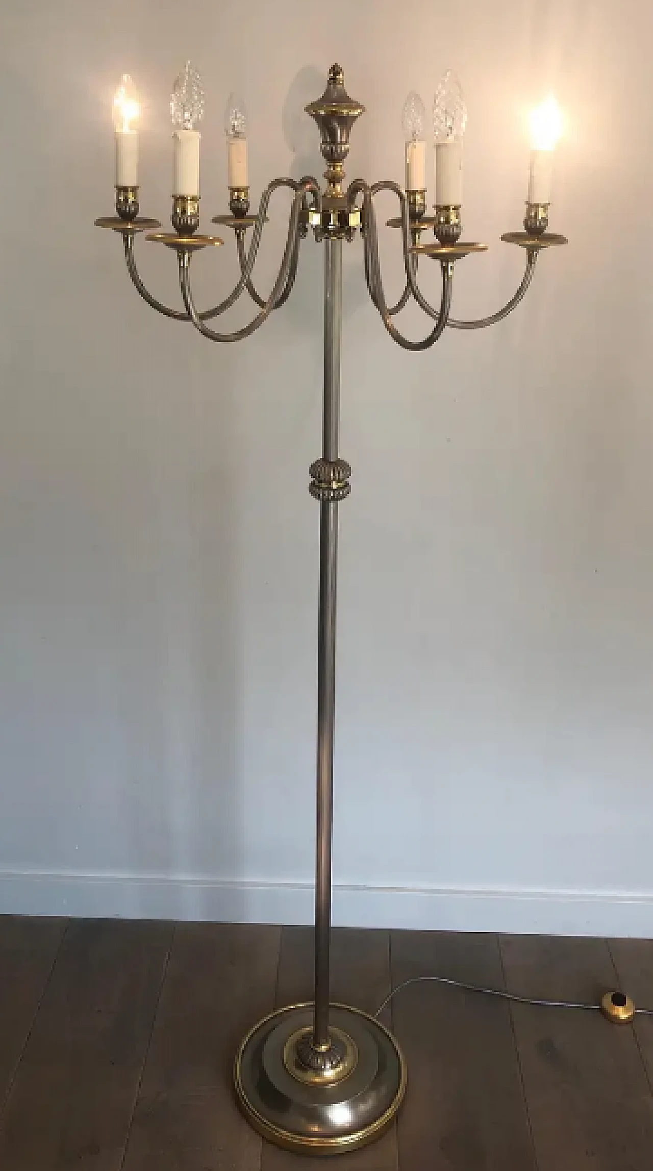 Lampada da terra a 6 luci in ottone e argento, anni '40 2