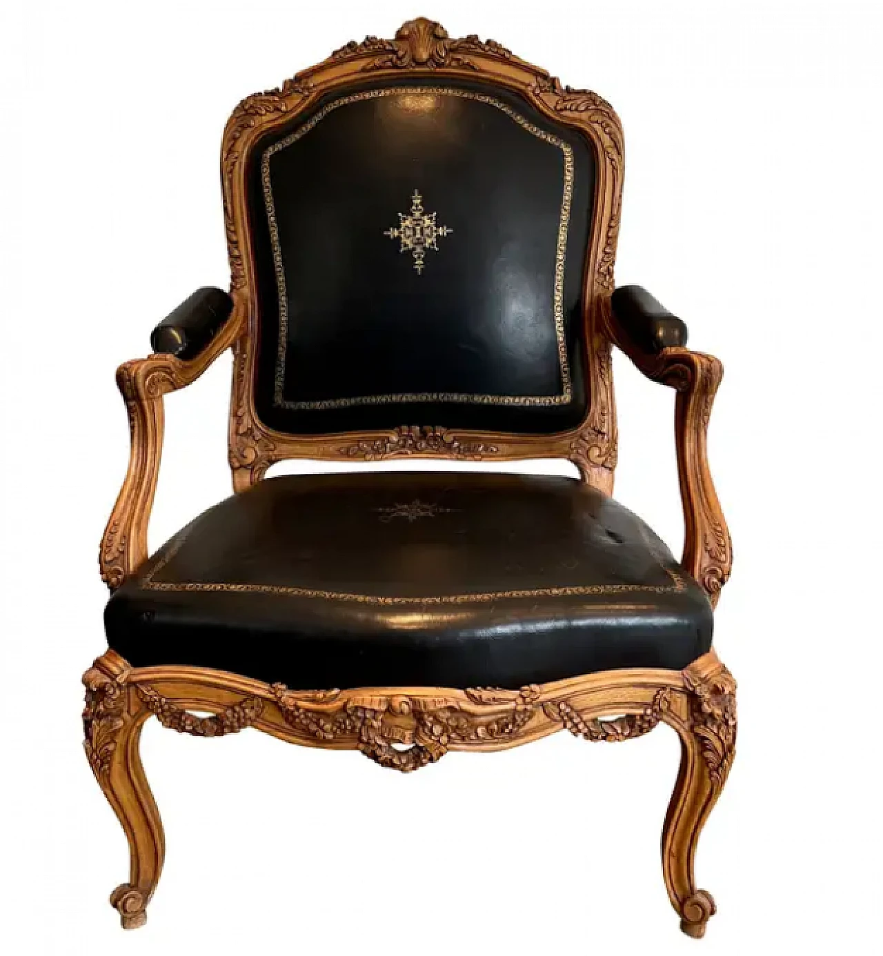 Walnut and leather queen's armchair with iron and steel, 1950s 1